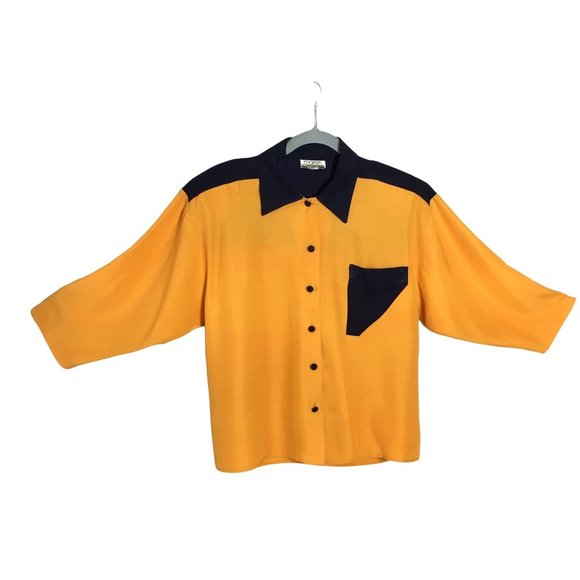 Vintage Tops - Vintage L New Wave Shirt Blouse Taxi Cab Yellow Navy Blue 80s